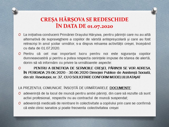 Primăria Hârșova redeschide creșa din localitate