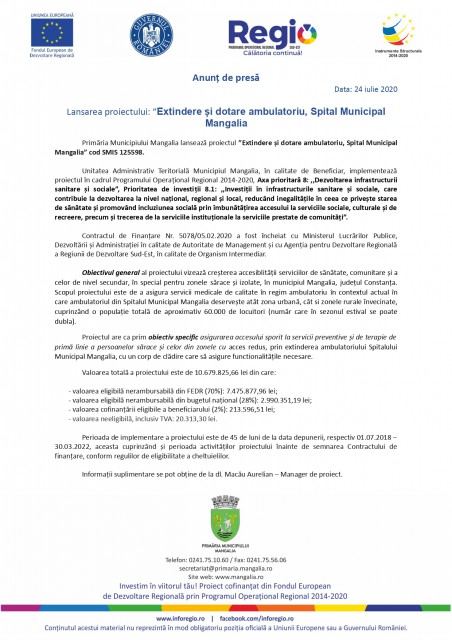 Lansarea proiectului: „Extindere și dotare ambulatoriu, Spital Municipal Mangalia“