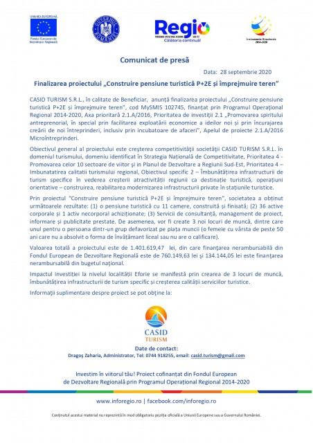 Finalizarea proiectului „Construire pensiune turistică P+2E și împrejmuire teren”