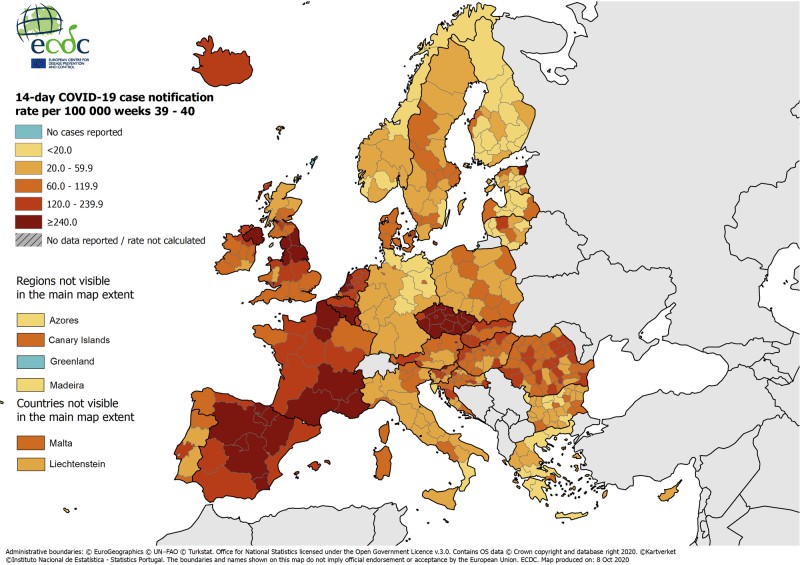 Coronavirus: Peste jumătate din statele UE sunt în zona roşie de risc epidemic, potrivit hărţii ECDC