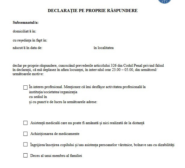 Iată cum arată noul model al DECLARAȚIEI pe PROPRIE RĂSPUNDERE