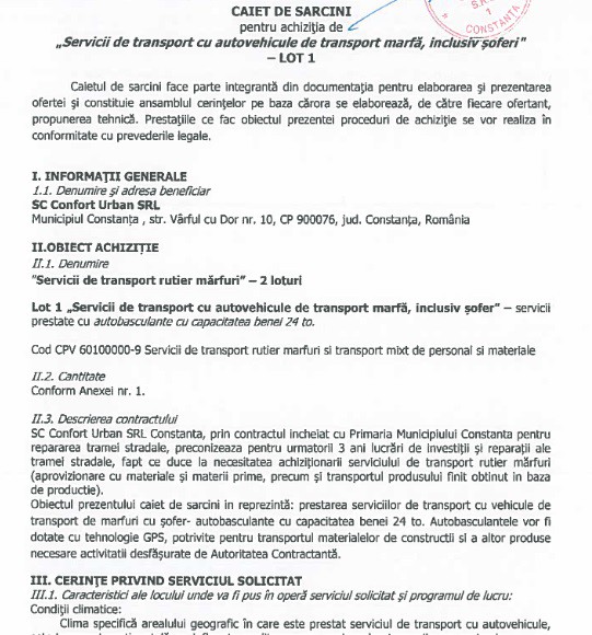 SC Confort Urban SRL achiziționează servicii de transport rutier mărfuri