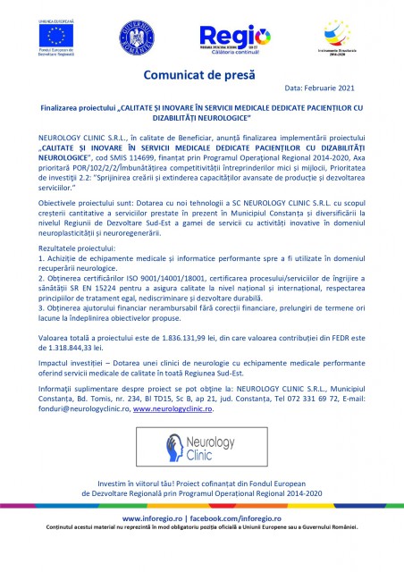 Finalizarea proiectului „CALITATE ȘI INOVARE ÎN SERVICII MEDICALE DEDICATE PACIENȚILOR CU DIZABILITĂȚI NEUROLOGICE”
