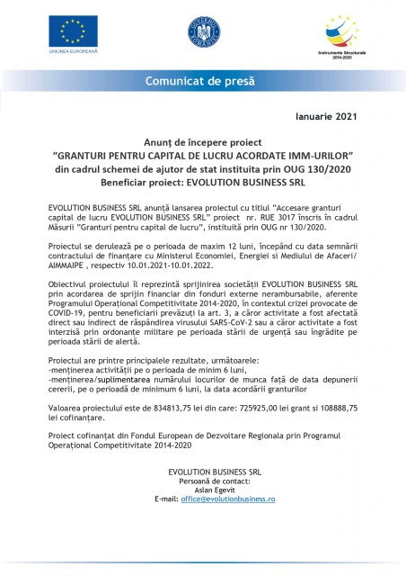 Anunț de începere proiect „GRANTURI PENTRU CAPITAL DE LUCRU ACORDATE IMM-URILOR” din cadrul schemei de ajutor de stat instituită prin OUG 130/2020