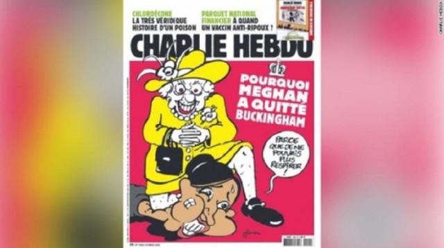 Charlie Hebdo, noi controverse cu o caricatură în care regina Elizabeth stă cu genunchiul pe gâtul lui Megan Markle