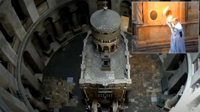 Lumina Sfântă s-a aprins la Biserica Sfântului Mormânt şi a fost împărţită credincioşilor ortodocși