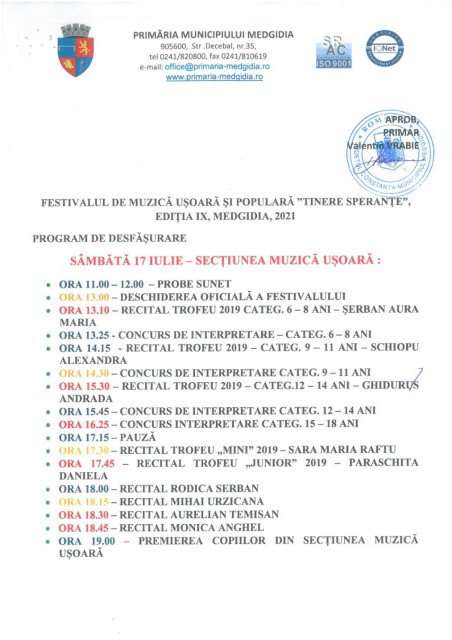Primăria Medgidia organizează Festivalul de muzică ușoară și populară „Tinere Speranțe”