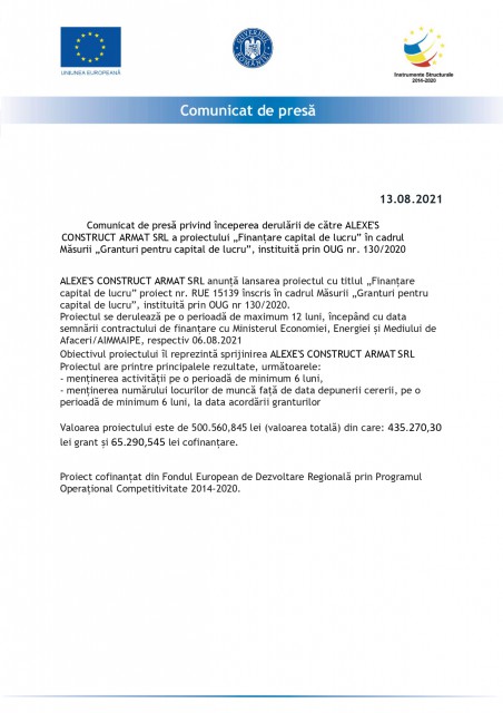 Comunicat de presă privind începerea derulării de către ALEXE'S CONSTRUCT ARMAT SRL a proiectului „Finanțare capital de lucru” în cadrul Măsurii „Granturi pentru capital de lucru”, instituită prin OUG nr. 130/2020