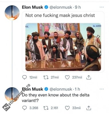 Miliardarul Elon Musk este ÎNGRIJORAT de sănătatea talibanilor: 'Niciunul nu poartă mască! Nu au auzit de varianta Delta?'