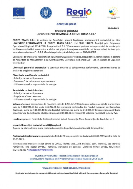 Finalizarea proiectului „INVESTIȚIE PERFORMANTĂ LA COTIZO TRANS S.R.L.”