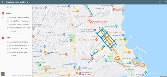 Hartă interactivă a spațiilor de parcare pentru zonele 0 și 1, elaborată de Primăria Constanța