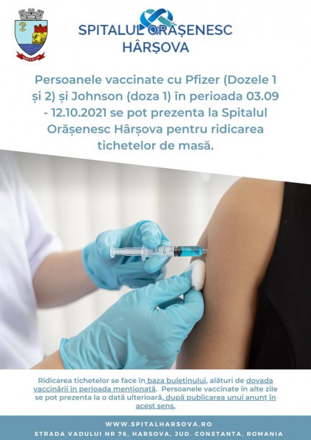 Primăria Hârșova anunță distribuirea tichetelor de masă pentru vaccinați