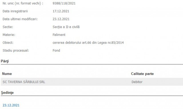 Taverna Sarbului SRL nu a intrat în insolvență!