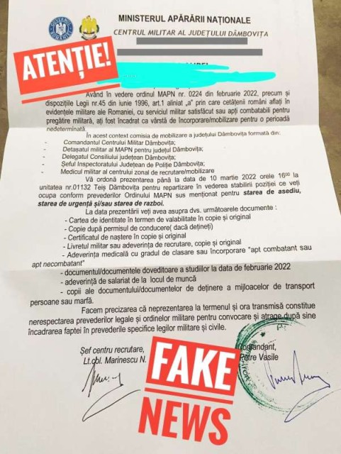 MApN a sesizat autorităţile competente cu privire la false ordine de chemare la mobilizare